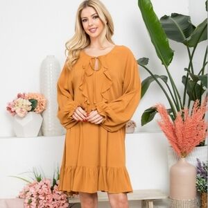 NEW EASEL Camel Ruffle Balloon Sleeve Ribbon Detail Dress